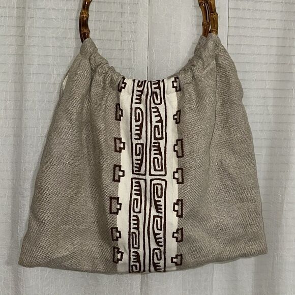 Maya Bags Linen Ivory Brown Hand Embroidered Round Bamboo Handle Bag - Picture 3 of 7